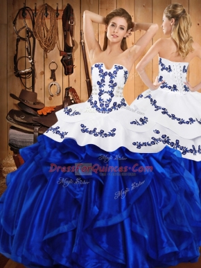 Satin and Organza Strapless Sleeveless Lace Up Embroidery and Ruffles Vestidos de Quinceanera in Royal Blue