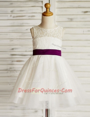 Unique White Scoop Zipper Lace and Bowknot Flower Girl Dresses Sleeveless