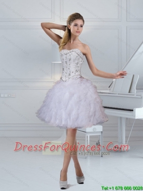 2015 Cheap Strapless White Dama Dresses with Ruffles and Beading