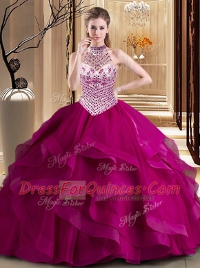 Delicate Fuchsia Halter Top Lace Up Beading and Ruffles Sweet 16 Dresses Brush Train Sleeveless