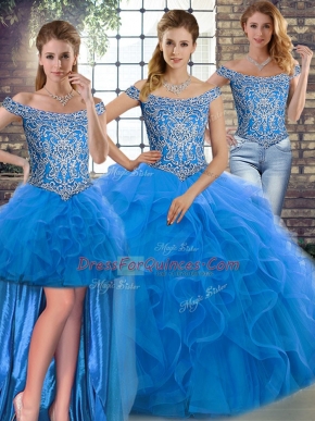 Best Selling Blue Tulle Lace Up Sweet 16 Dresses Sleeveless Brush Train Beading and Ruffles