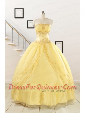 Pretty Yellow Quinceanera Dresses with Appliques and Beading For 2015