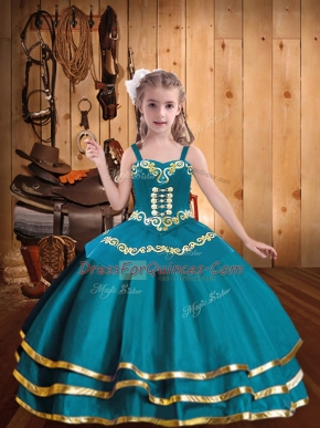 Classical Teal Organza Lace Up Straps Sleeveless Floor Length Glitz Pageant Dress Embroidery and Ruffled Layers
