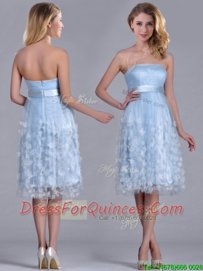 Gorgeous Empire Tea Length Applique Tulle Prom Dress in Light Blue