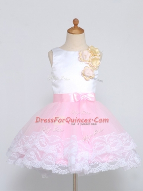 Tulle Scoop Sleeveless Zipper Lace and Appliques Flower Girl Dress in Pink And White