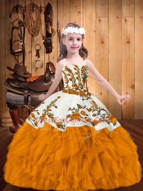 Glorious Gold Straps Neckline Embroidery and Ruffles Little Girls Pageant Dress Wholesale Sleeveless Zipper