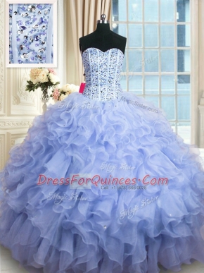 Fantastic Lavender Lace Up Sweetheart Beading and Ruffles 15 Quinceanera Dress Organza Sleeveless