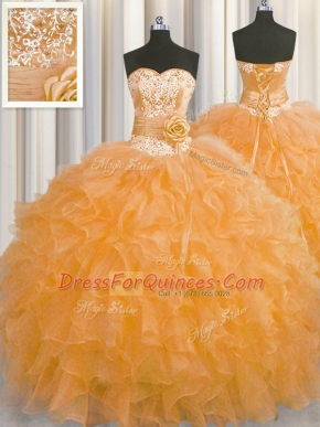 Glittering Handcrafted Flower Orange Ball Gowns Sweetheart Sleeveless Organza Floor Length Lace Up Beading and Ruffles and Hand Made Flower Quinceanera Gowns