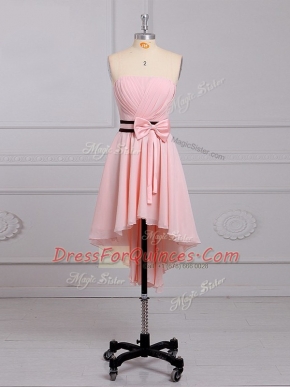 Strapless Sleeveless Quinceanera Court Dresses High Low Ruching and Bowknot Baby Pink Chiffon