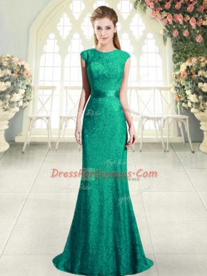 Turquoise Backless Evening Dress Beading and Lace Cap Sleeves Sweep Train
