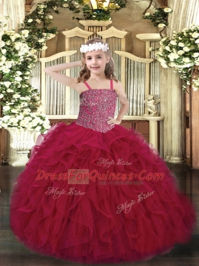 Graceful Straps Sleeveless Pageant Gowns For Girls Floor Length Beading and Ruffles Wine Red Tulle