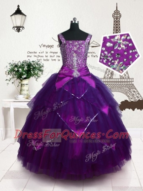 Excellent Purple Ball Gowns Tulle Straps Sleeveless Belt Floor Length Lace Up Kids Formal Wear