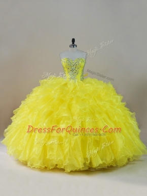 Affordable Yellow Lace Up Sweetheart Beading and Ruffles Quinceanera Dress Organza Sleeveless