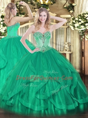 Simple Turquoise Sweetheart Neckline Beading and Ruffles Quinceanera Gown Sleeveless Lace Up