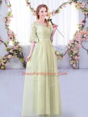 Tulle Scoop Half Sleeves Side Zipper Lace and Belt Dama Dress in Yellow Green