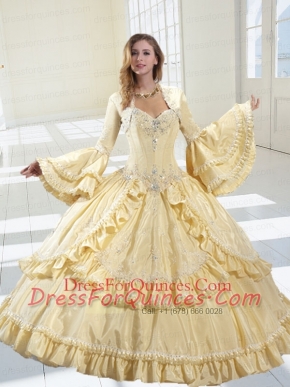 2015 The Super Hot Champagne Dress For Quinceanera with Appliques and Ruffles