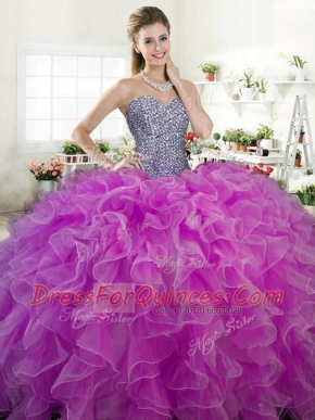 Sweetheart Sleeveless Organza Ball Gown Prom Dress Beading and Ruffles Lace Up