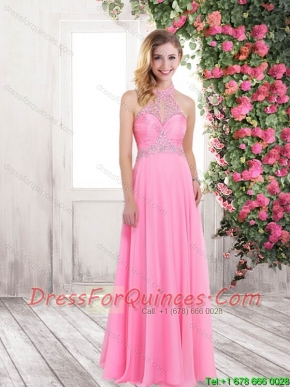2016 Summer High Neck Rose Pink Long Prom Dresses with Beading