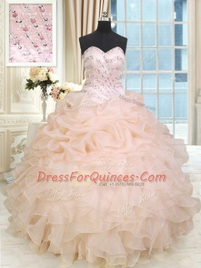 Suitable Peach Sleeveless Floor Length Beading and Ruffles Lace Up Vestidos de Quinceanera