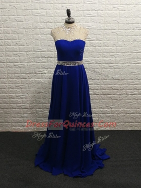 Simple Chiffon High-neck Sleeveless Brush Train Zipper Beading Prom Party Dress in Royal Blue