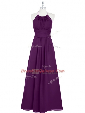 Traditional Eggplant Purple Chiffon Zipper Prom Party Dress Sleeveless Floor Length Ruching