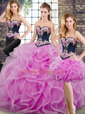 Custom Design Lilac Ball Gowns Sweetheart Sleeveless Tulle Sweep Train Lace Up Beading and Embroidery and Ruffles 15 Quinceanera Dress
