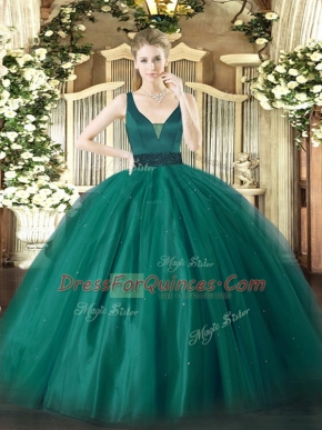 High End Tulle Straps Sleeveless Zipper Beading 15th Birthday Dress in Teal