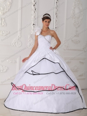 White Ball Gown One Shoulder Floor-length Taffeta and Organza Beading Quinceanera Dress