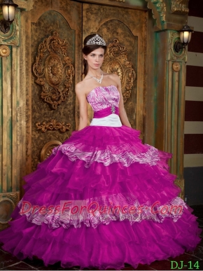 Sweetheart Ball Gown Organza and Zebra Fuchsia Ball Gown Lace-up Ruffles 2014 Spring Quinceanera Dresses