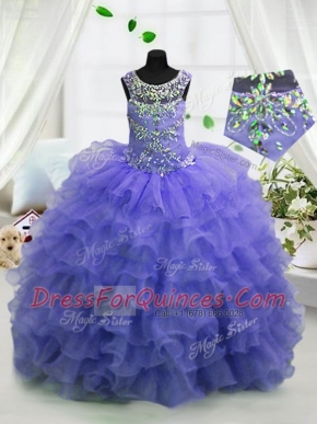 Cheap Lavender Organza Lace Up Scoop Sleeveless Floor Length Little Girls Pageant Gowns Beading and Ruffled Layers