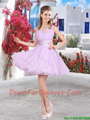 Pretty Mini Length Belt Chiffon Junior Dresses with V Neck
