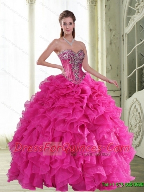 2015 Elegant Beading and Ruffles Sweetheart Quinceanera Dresses in Hot Pink