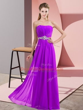 Noble Eggplant Purple Empire Beading Prom Gown Lace Up Chiffon Sleeveless Floor Length