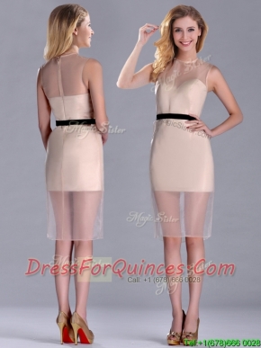 Exclusive High Neck Organza Champagne Prom Dress with Black Belt