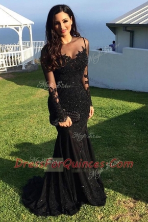 Deluxe Mermaid Scoop Beading and Lace Dress for Prom Black Zipper Long Sleeves Sweep Train