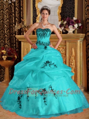 Turquoise Ball Gown Sweetheart 15th Birthday Dresses  Satin and Organza Embroidery