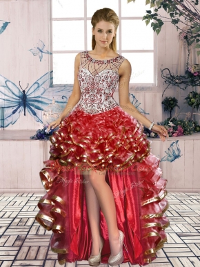Glamorous Sleeveless Organza High Low Lace Up Womens Party Dresses in Red with Beading and Ruffled Layers