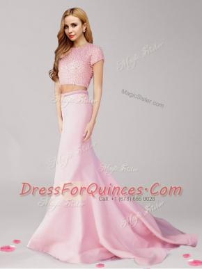 Scoop Beading Evening Dress Pink Zipper Short Sleeves With Brush Train