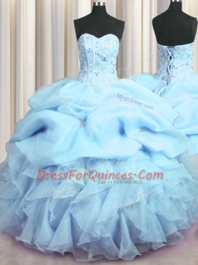 Visible Boning Sleeveless Lace Up Floor Length Beading and Ruffles and Pick Ups Quinceanera Gowns