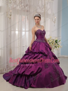 Eggplant Purple Ball Gown Sweetheart Court Train Taffeta Appliques Quinceanera Dress