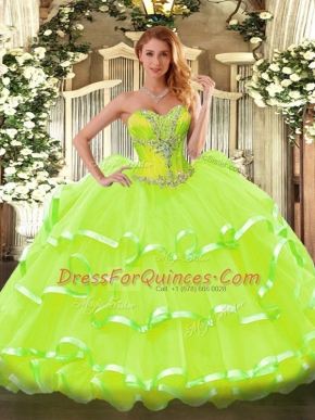 Sleeveless Floor Length Beading and Ruffled Layers Lace Up 15 Quinceanera Dress with Yellow Green