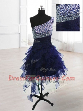 High End One Shoulder Navy Blue A-line Beading Prom Dresses Lace Up Organza Sleeveless Knee Length