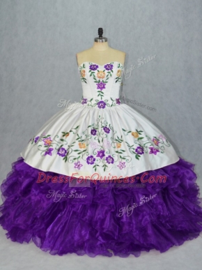 Glittering Embroidery and Ruffles Sweet 16 Dresses White And Purple Lace Up Sleeveless Floor Length
