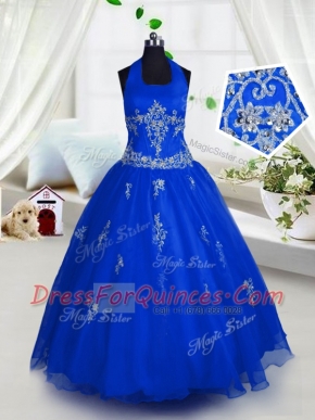 Halter Top Floor Length A-line Sleeveless Blue Little Girl Pageant Dress Lace Up