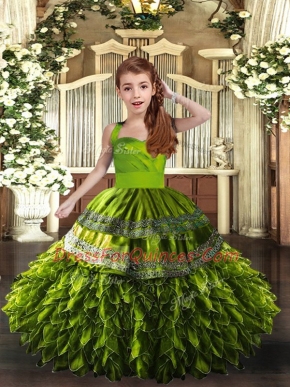 Custom Made Sleeveless Organza Floor Length Lace Up Girls Pageant Dresses in Olive Green with Ruffles