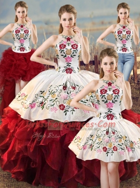 White And Red Sleeveless Embroidery and Ruffles Floor Length Vestidos de Quinceanera
