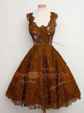Knee Length Brown Quinceanera Dama Dress Lace Sleeveless Lace