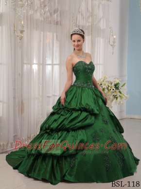 2014 Popular Green Ball Gown Sweetheart Court Train Cheap Quinceanera Dresses
