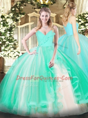 Exquisite Turquoise Sweet 16 Quinceanera Dress Military Ball and Sweet 16 and Quinceanera with Ruffles Spaghetti Straps Sleeveless Zipper