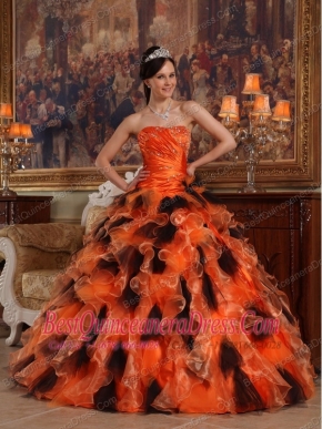 Orange and Black Ball Gown Strapless Floor-length Organza Quinceanera Dress